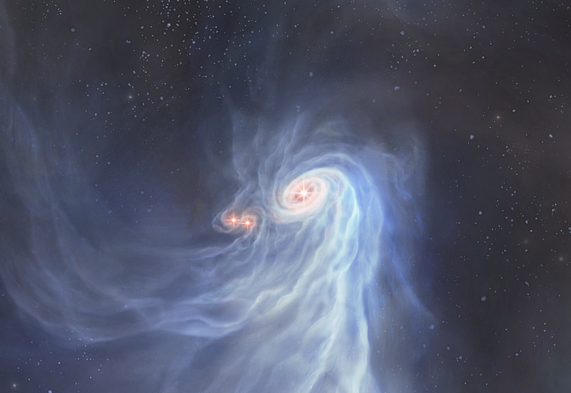 Discovery of a Triple Protostar with Vortex Arms of Gas: Observations by a Radio Telescope